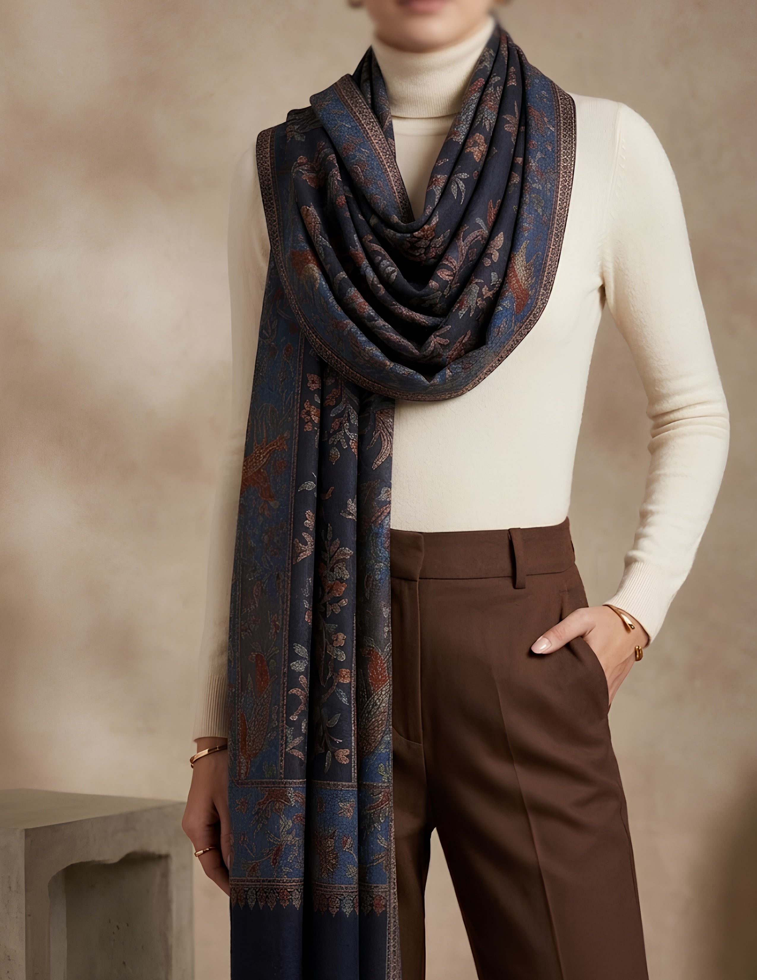 Baghbaan Jamawar Kashmiri Stole (Unisex) – Navy Botanical Micro Modal