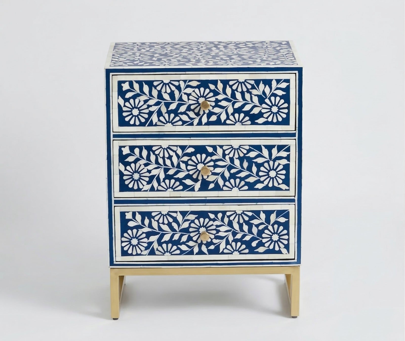 Blue & White Bone Inlay Chest - Handmade Floral Nightstand