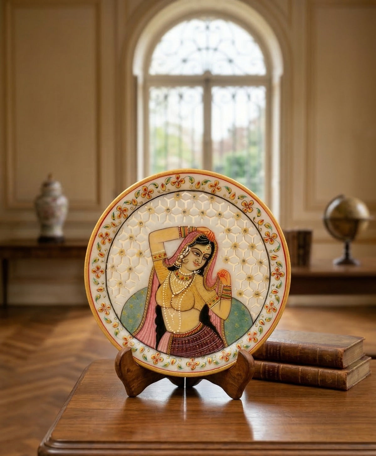 Blush Grace of the Rajput Court – Rajasthani Miniature Marble Plate