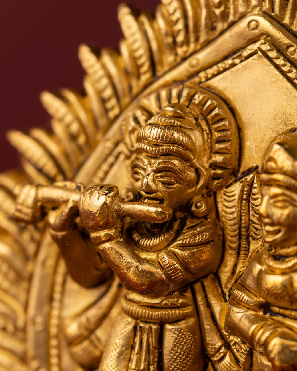 Close view brass Ram Sita carving ornate Hindu wall art handcrafted Indian decor accent