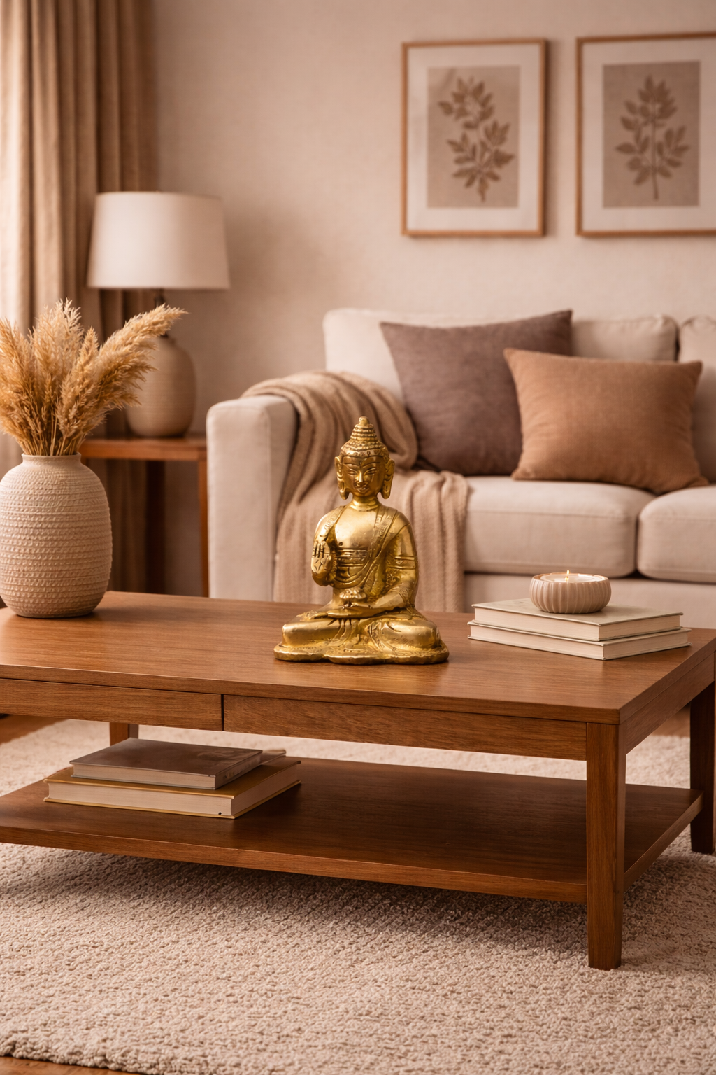Brass Buddha statue displayed in a warm, modern living room interior.
