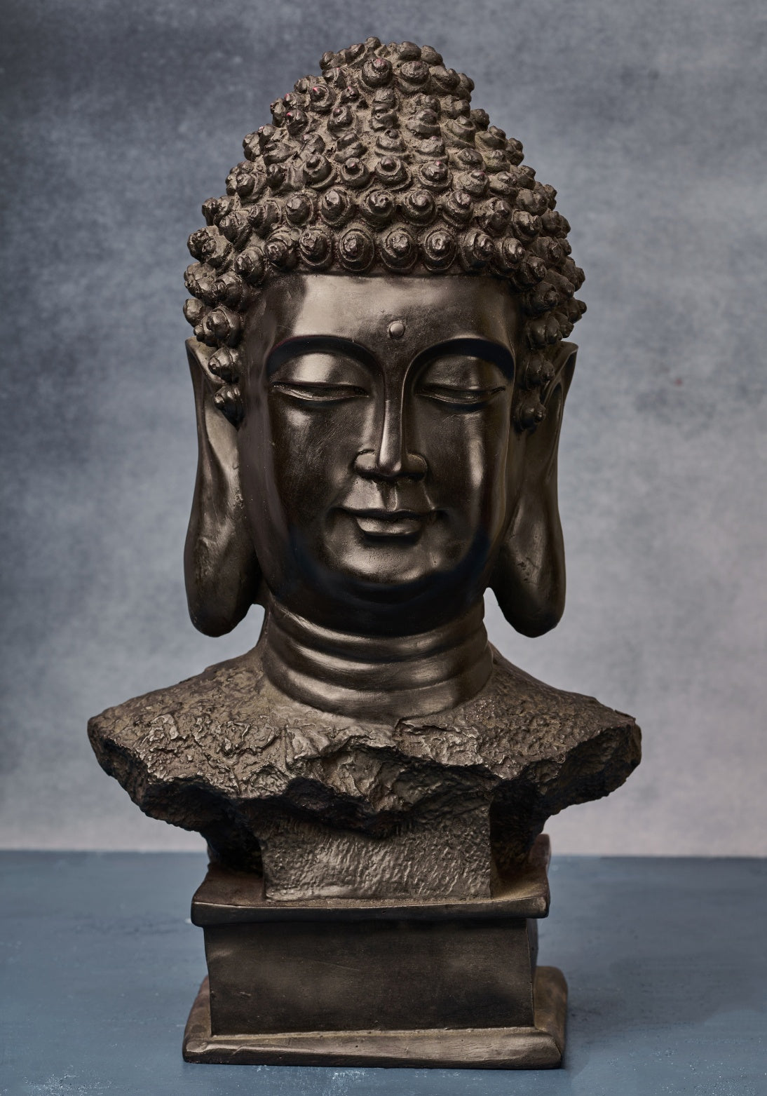 Hand‑carved black wood and papier‑mâché Buddha head statue, Indian sacred art