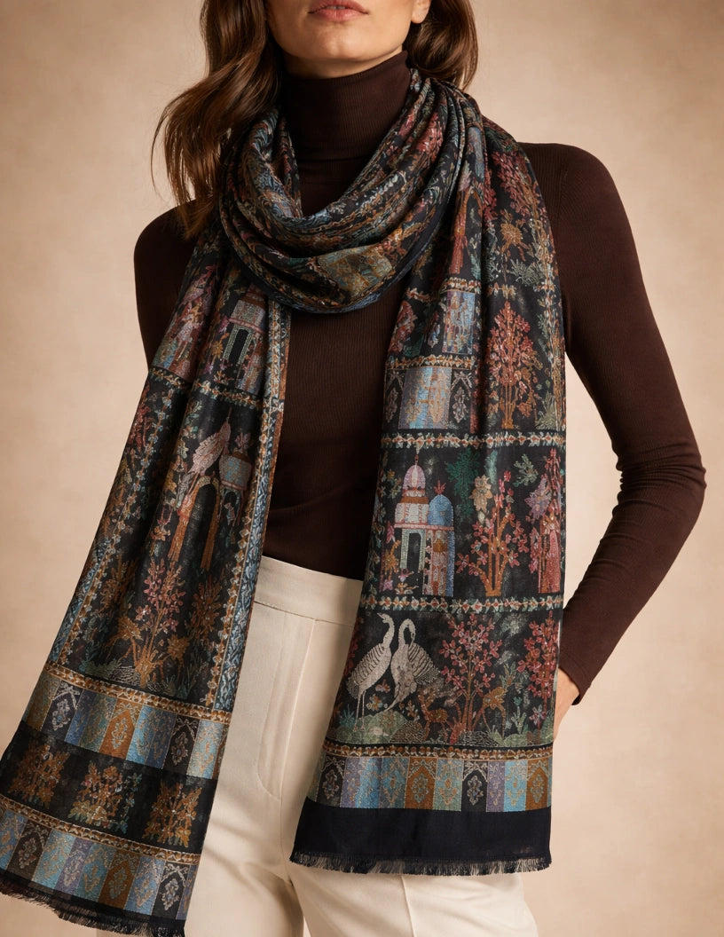 Bustan Kalamkari Stole (Unisex) – Dark Teal Garden Landscape Fine Wool