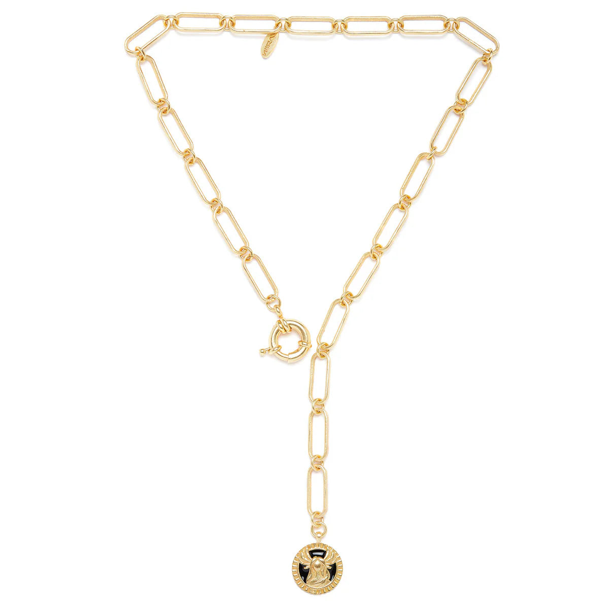 Gold-plated Virgo pendant necklace with long paperclip chain and engraved maiden medallion