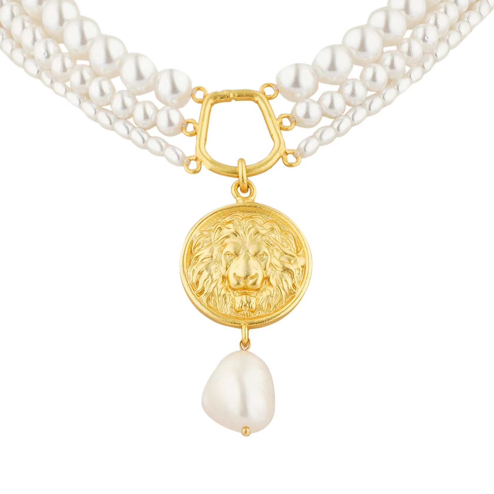 pearl choker with gold coin pendant styled with layered necklaces on model