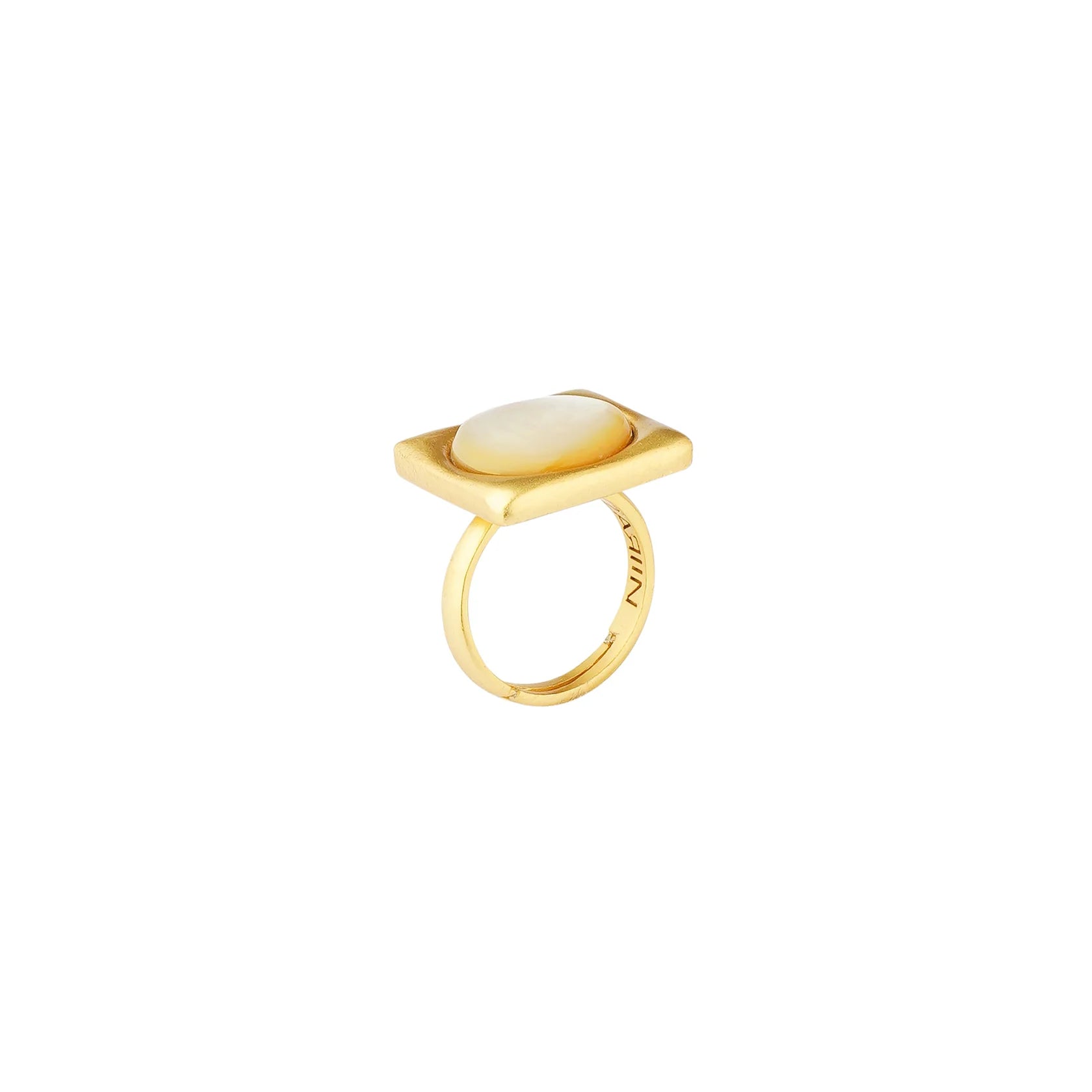 Side view of gold ring featuring raised rectangular mother-of-pearl setting