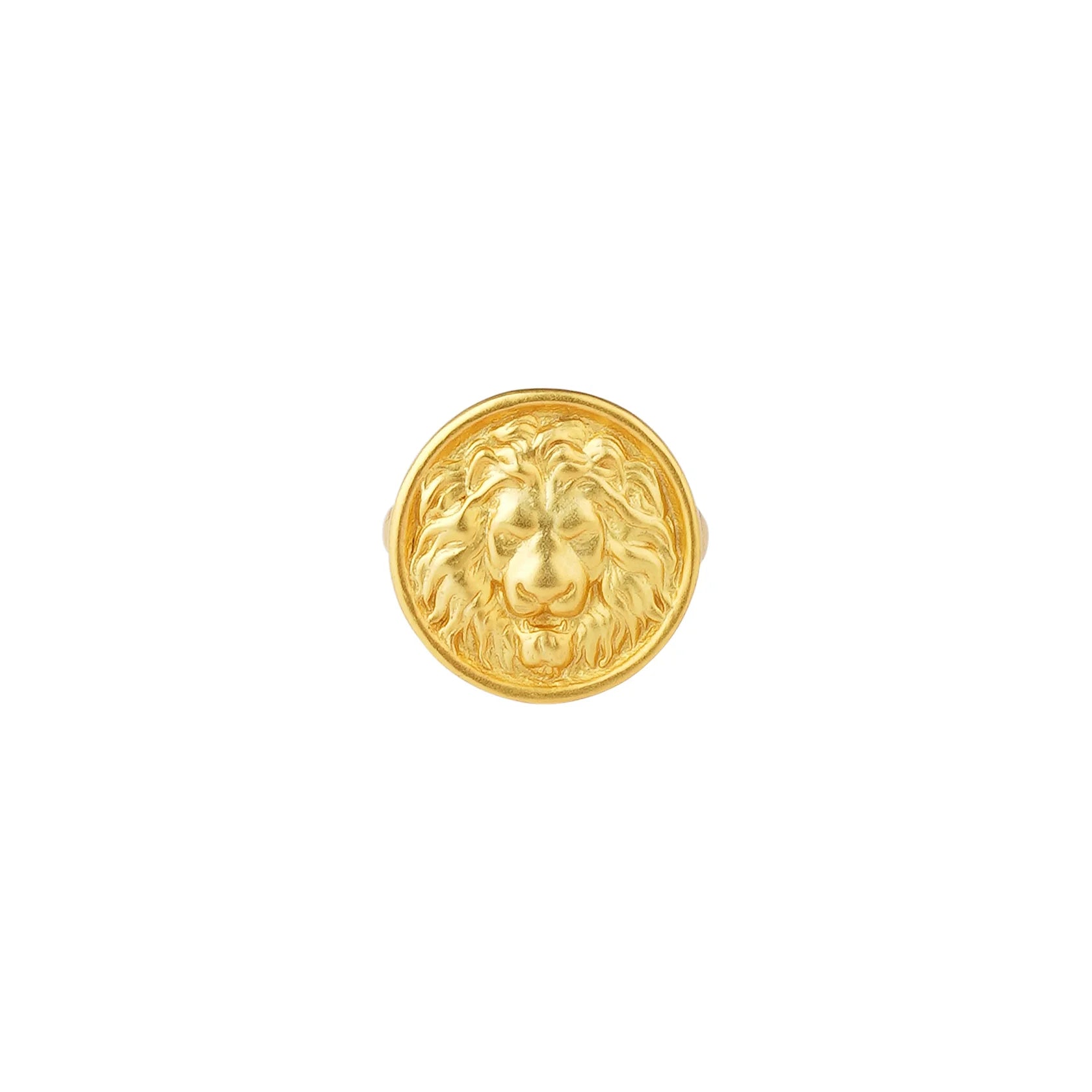 Top view of gold ring featuring detailed lion head motif
