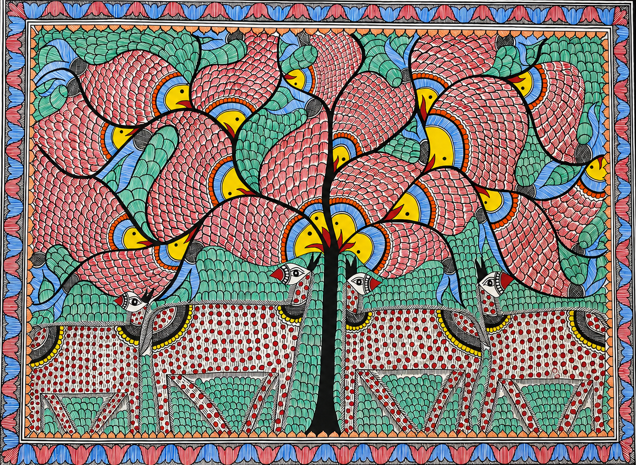 Colorful abstract art piece with geometric patterns and animals.