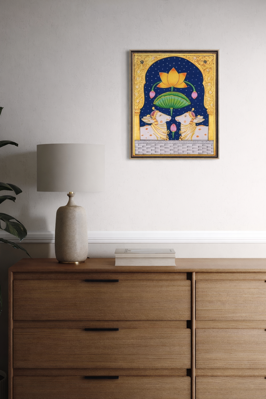 Celestial Lotus & Sacred Pair - Indigo Pichwai Painting