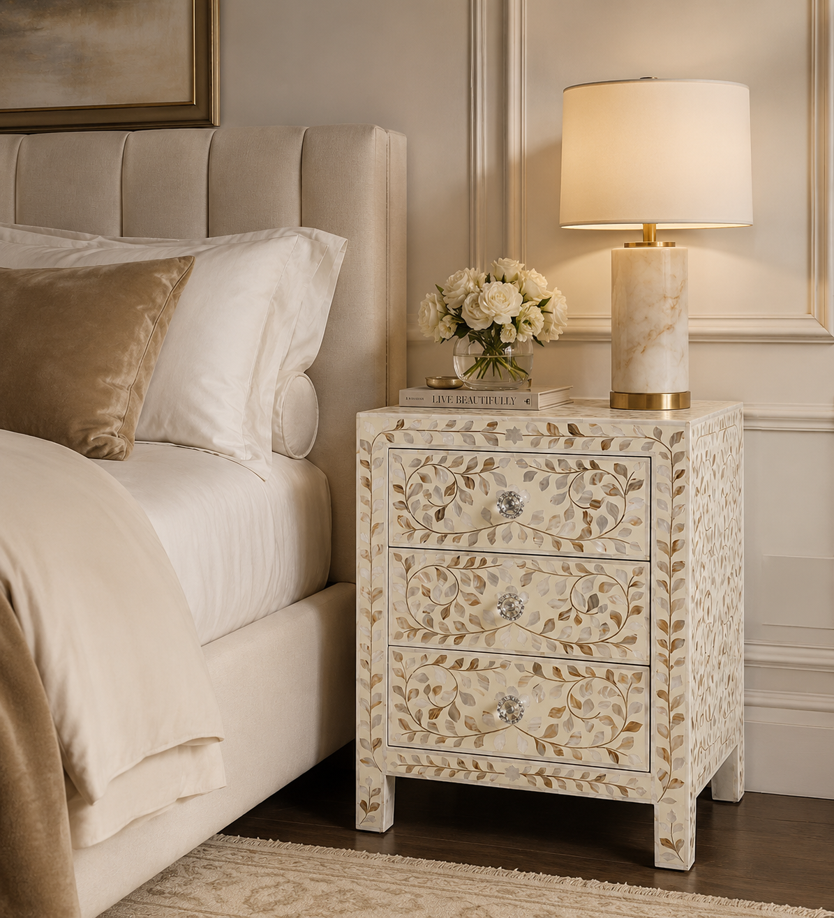 Midnight Garden Mother of Pearl Inlay Nightstand