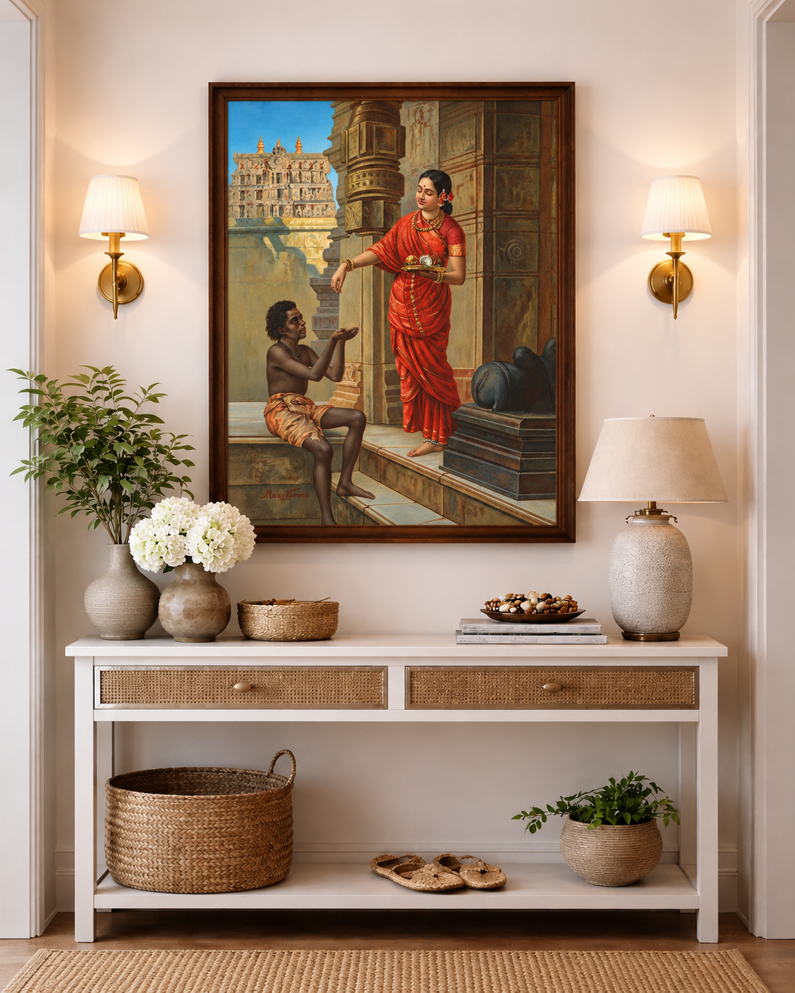 Framed temple alms scene above a white console table with flowers, baskets and lamps