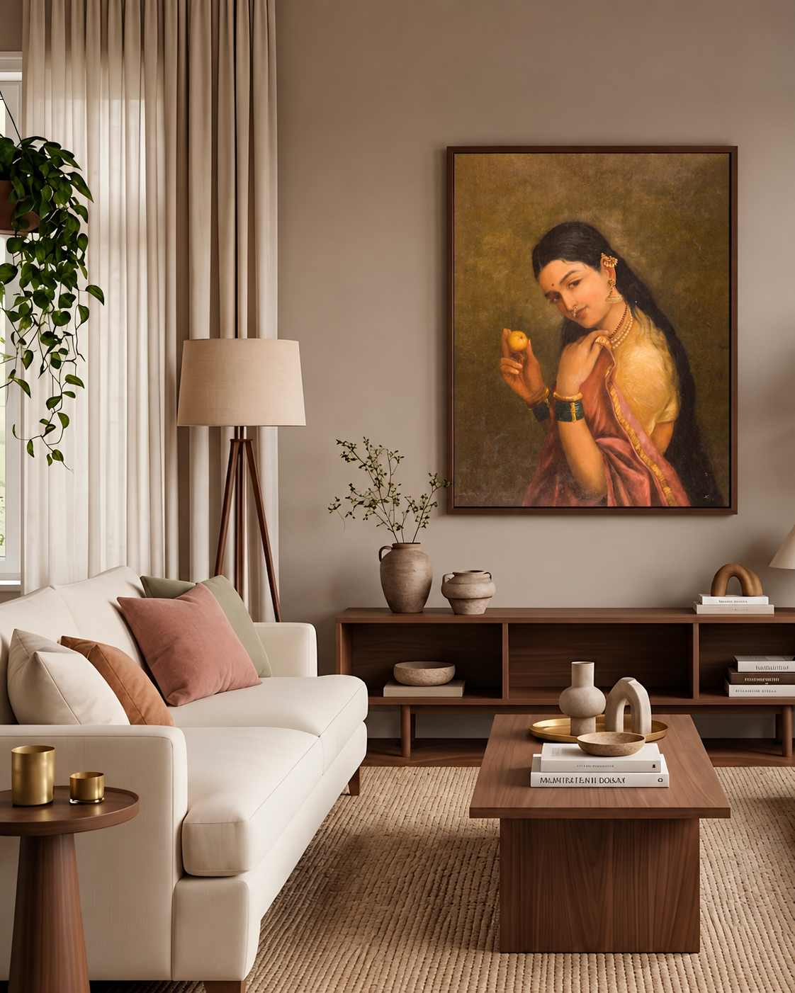 The framed portrait above a wooden console in a living room with a cream sofa and floor lamp