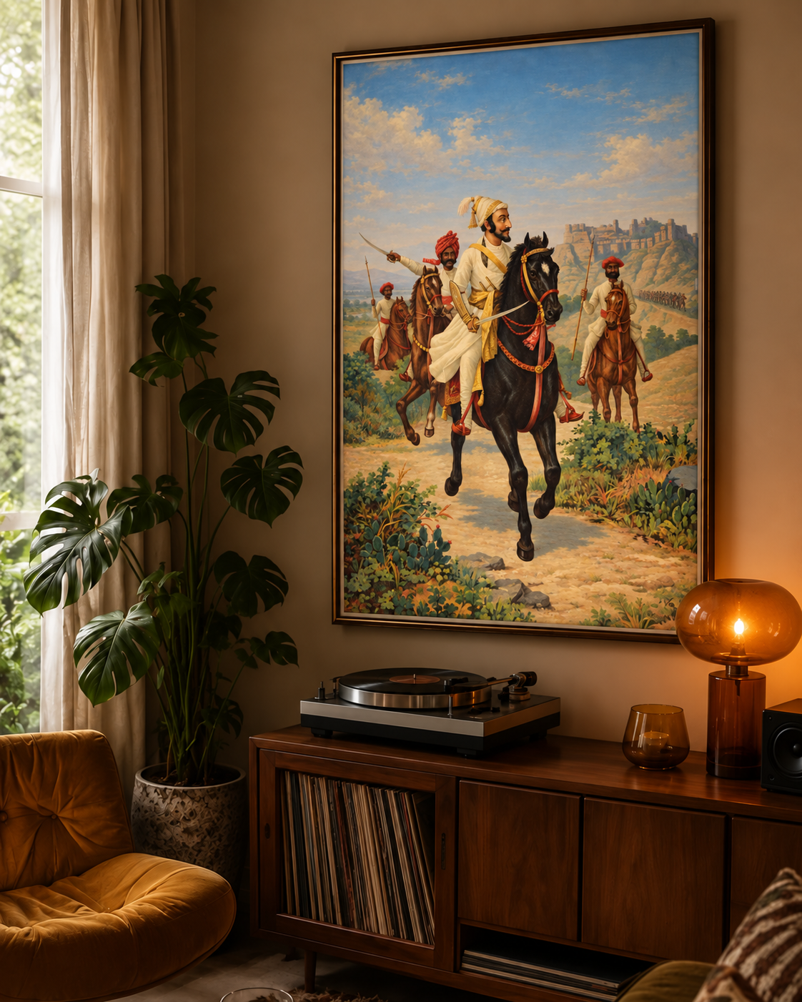 Framed print above a wooden record cabinet with turntable, amber lamp and monstera