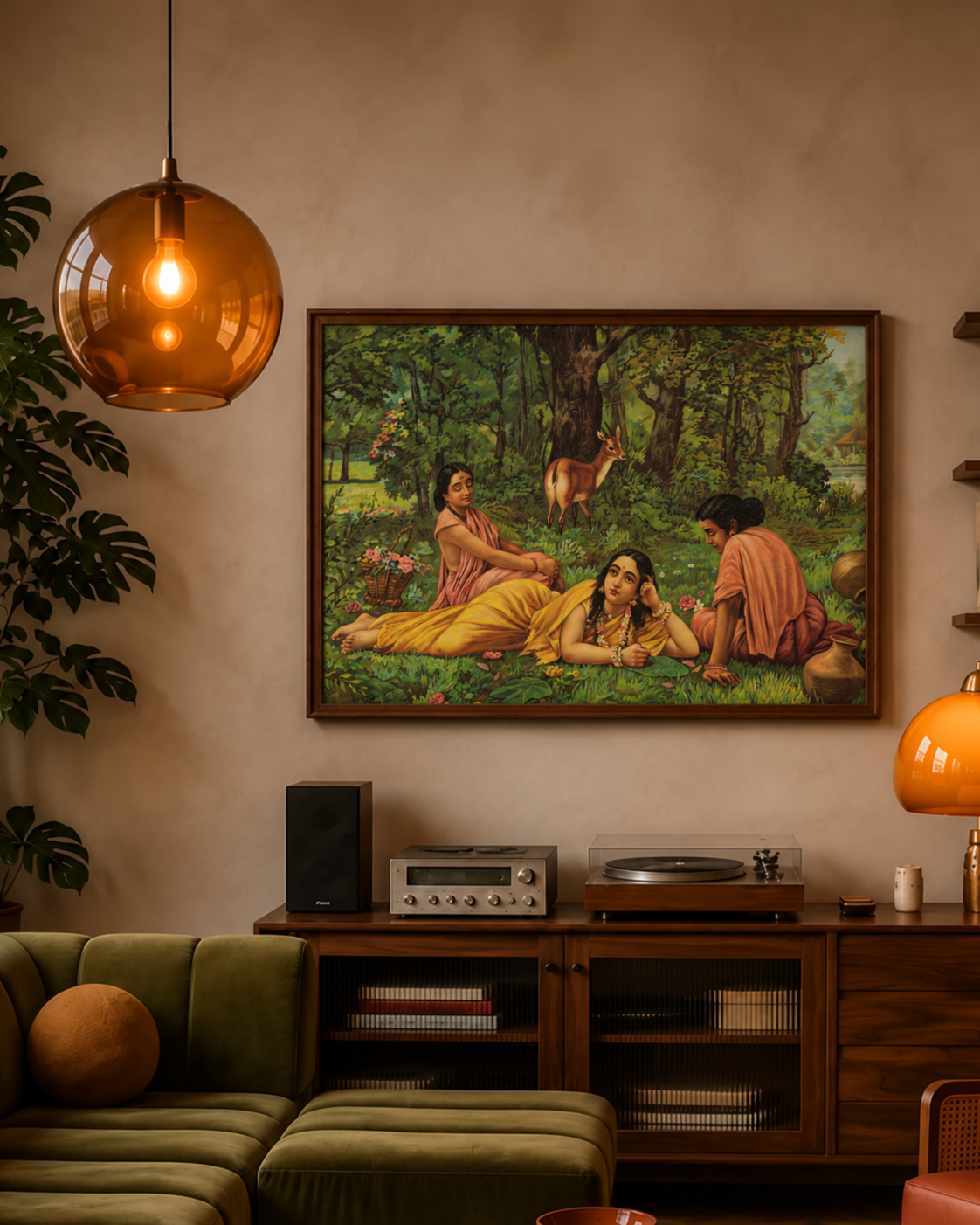Framed forest scene print above a wooden sideboard with a turntable, amber pendant lamp and sofa