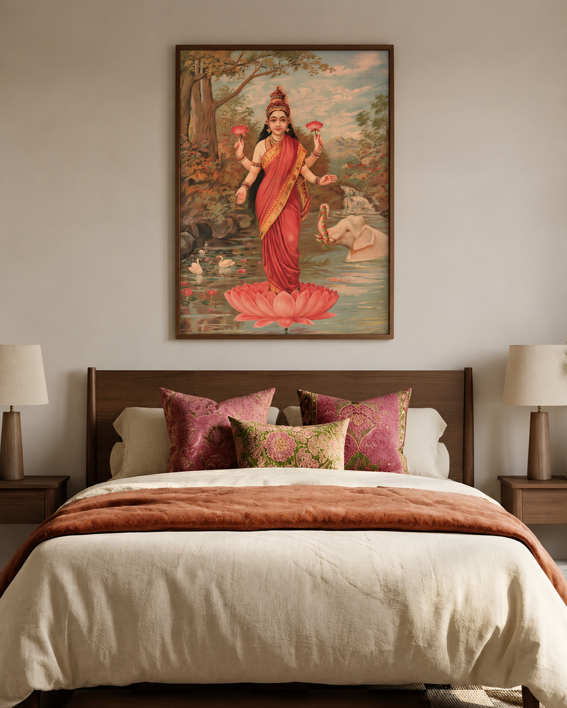 Framed Lakshmi print above a wooden bed with pink and green cushions and two lamps