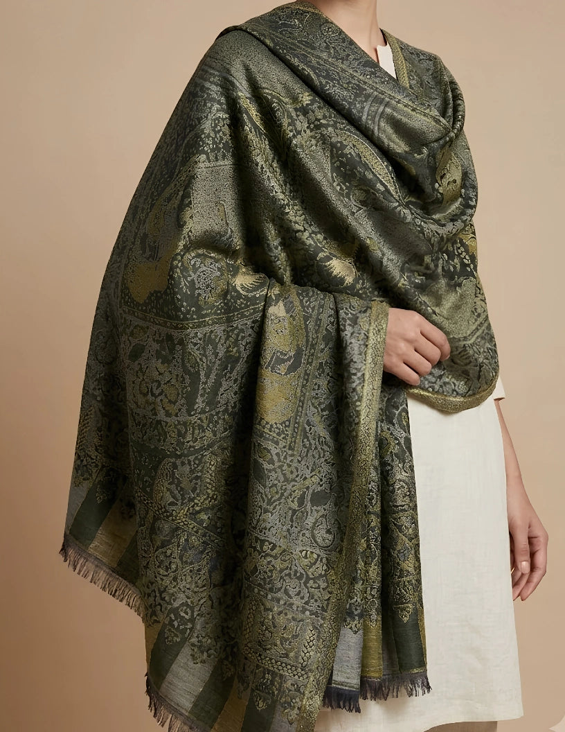 Chinar Jamawar Kashmiri Stole (Unisex) – Forest Green Micro Modal