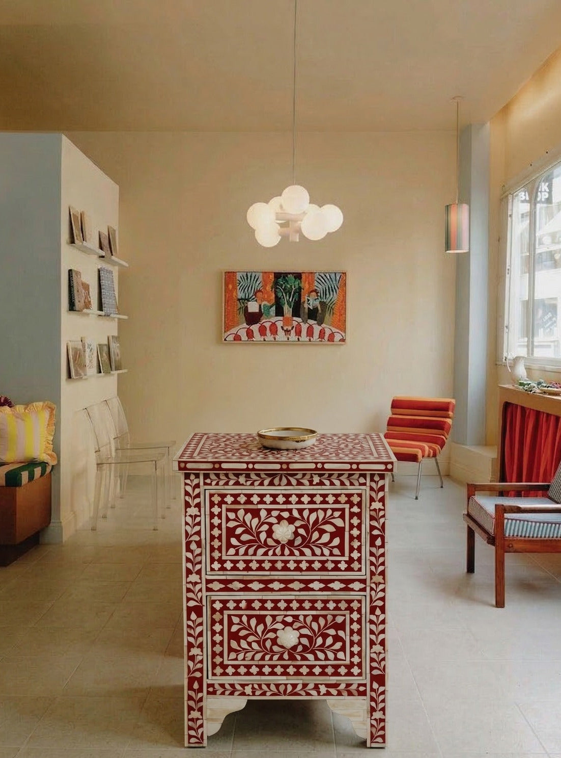 Crimson Blossom Bone Inlay Bedside Table