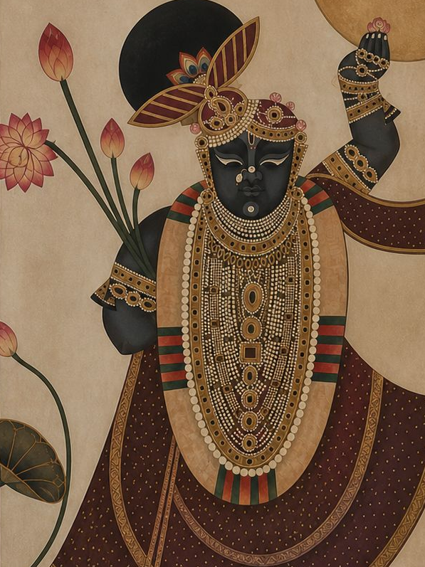 Handpainted – “Shrinathji in Crimson Bloom”: Contemporary Heritage Painting