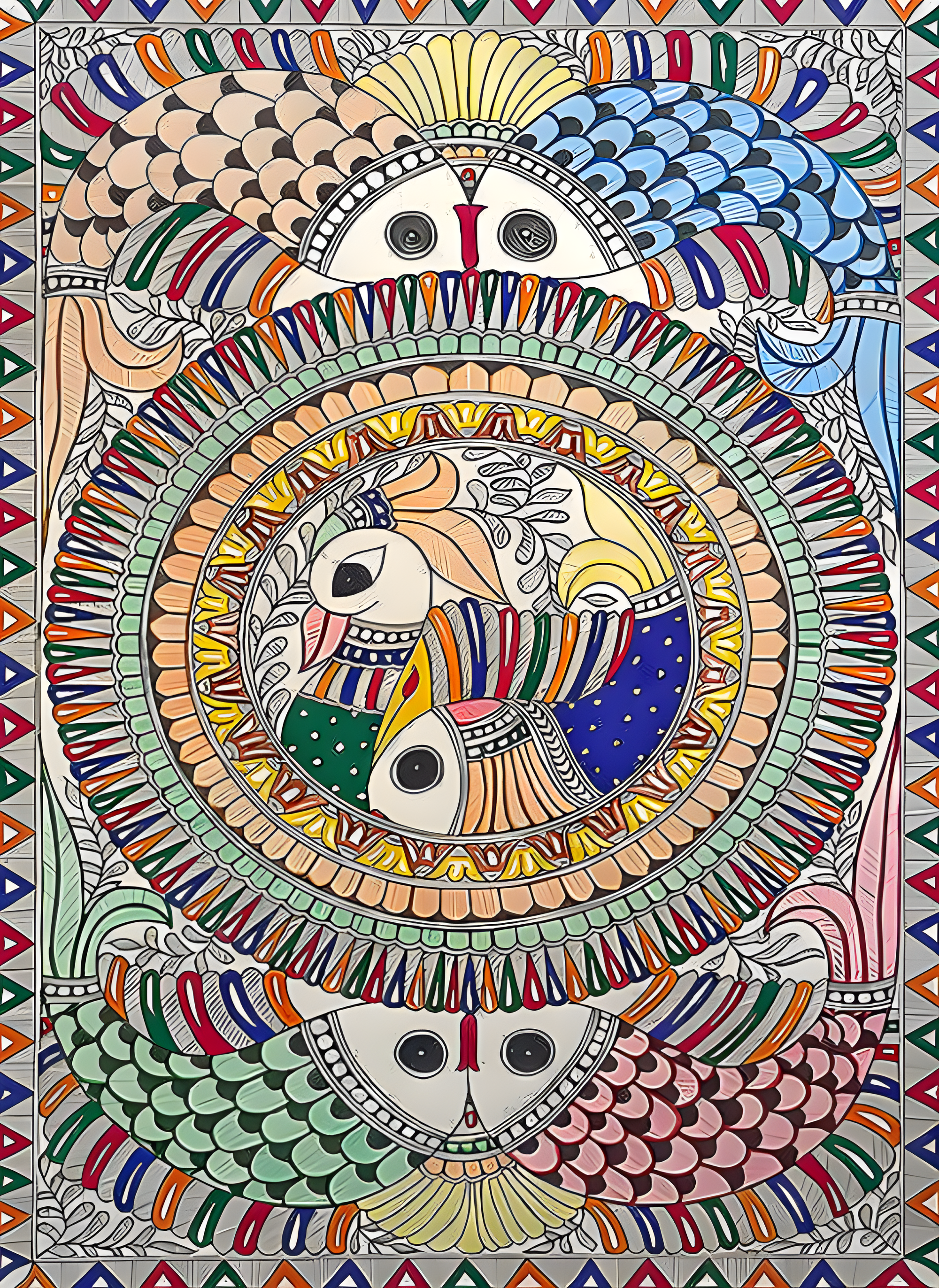 Cycle of Vitality: Peacock & Fish Mandala - Madhubani Painting
