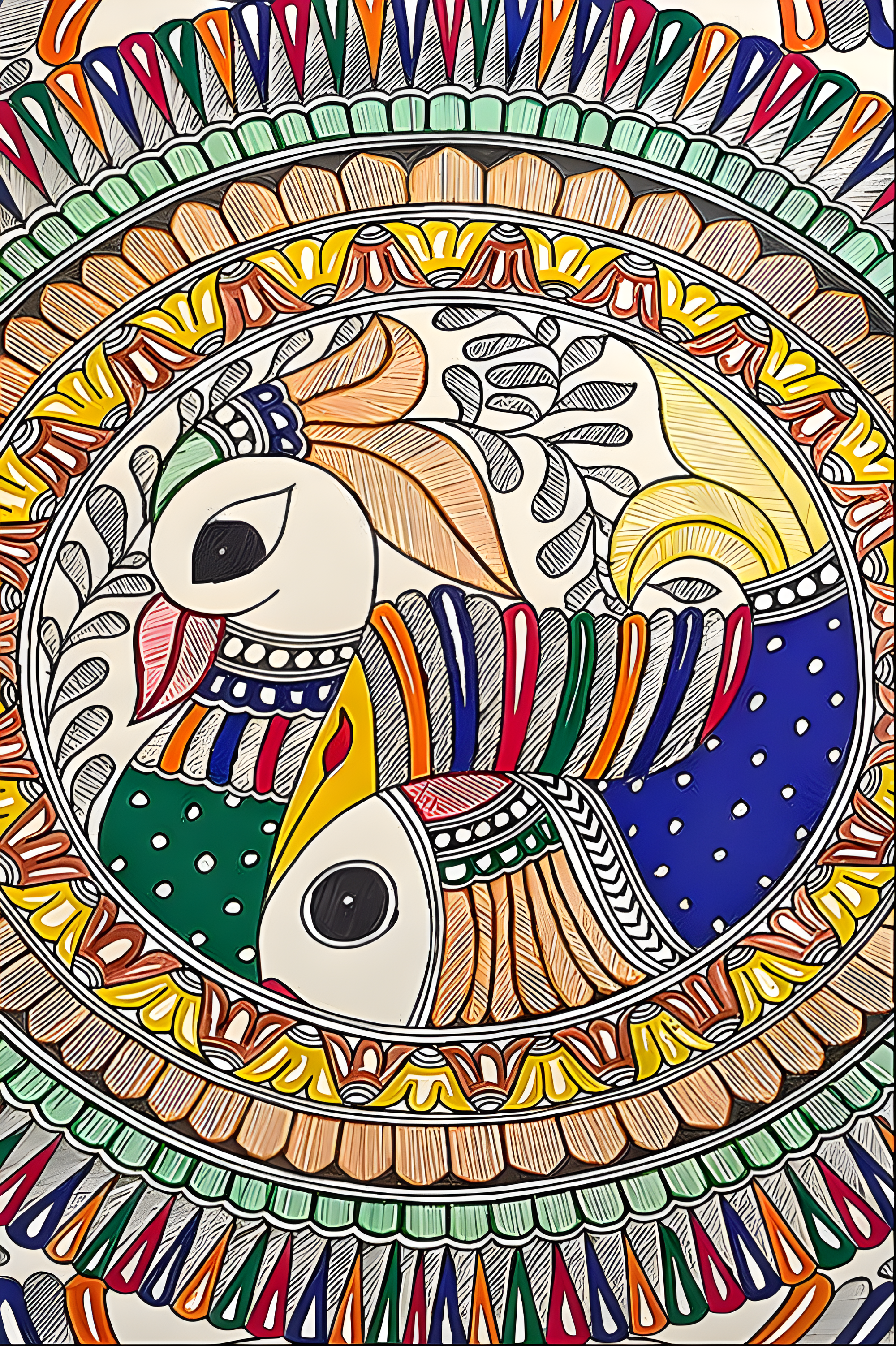 Cycle of Vitality: Peacock & Fish Mandala - Madhubani Painting