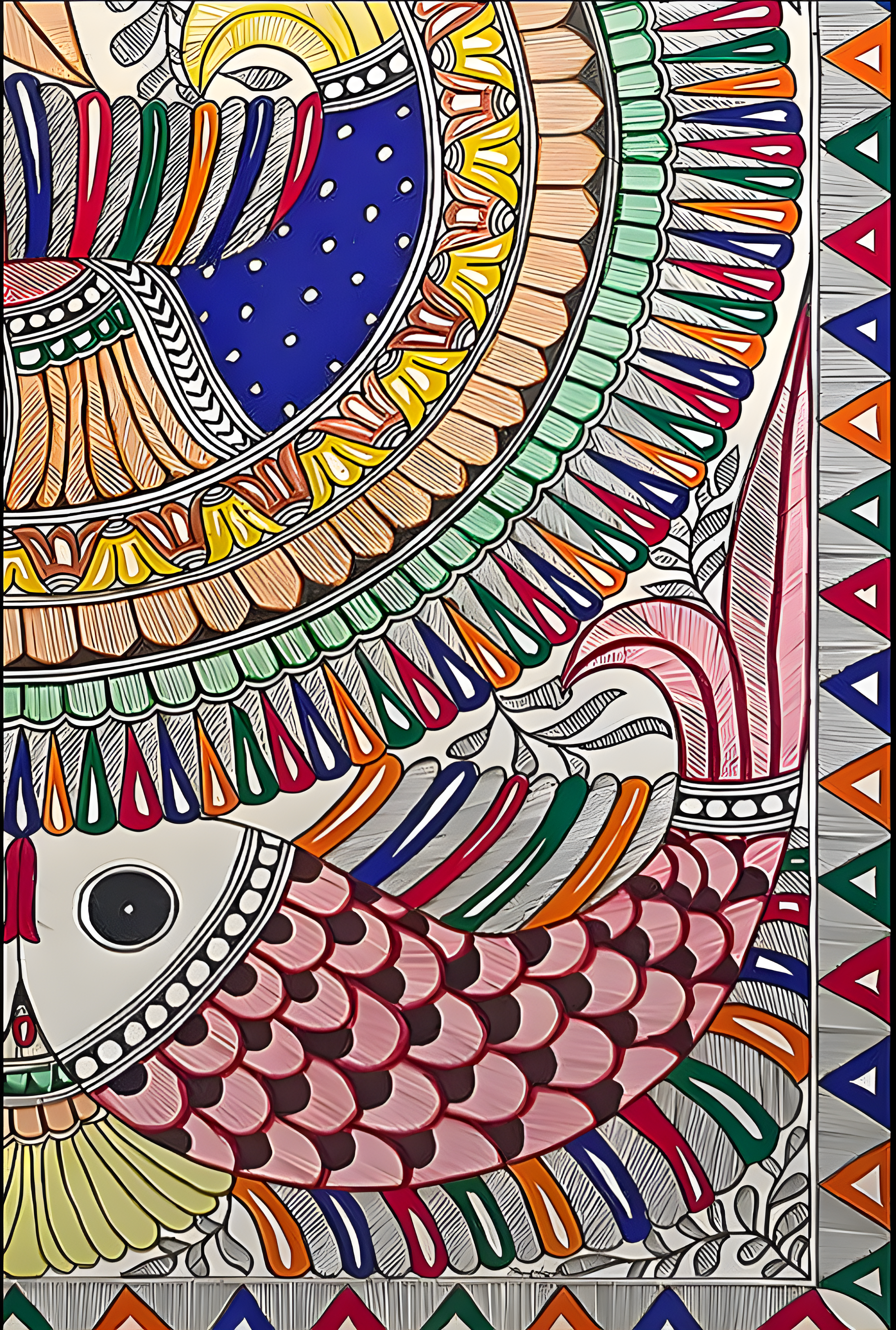 Cycle of Vitality: Peacock & Fish Mandala - Madhubani Painting