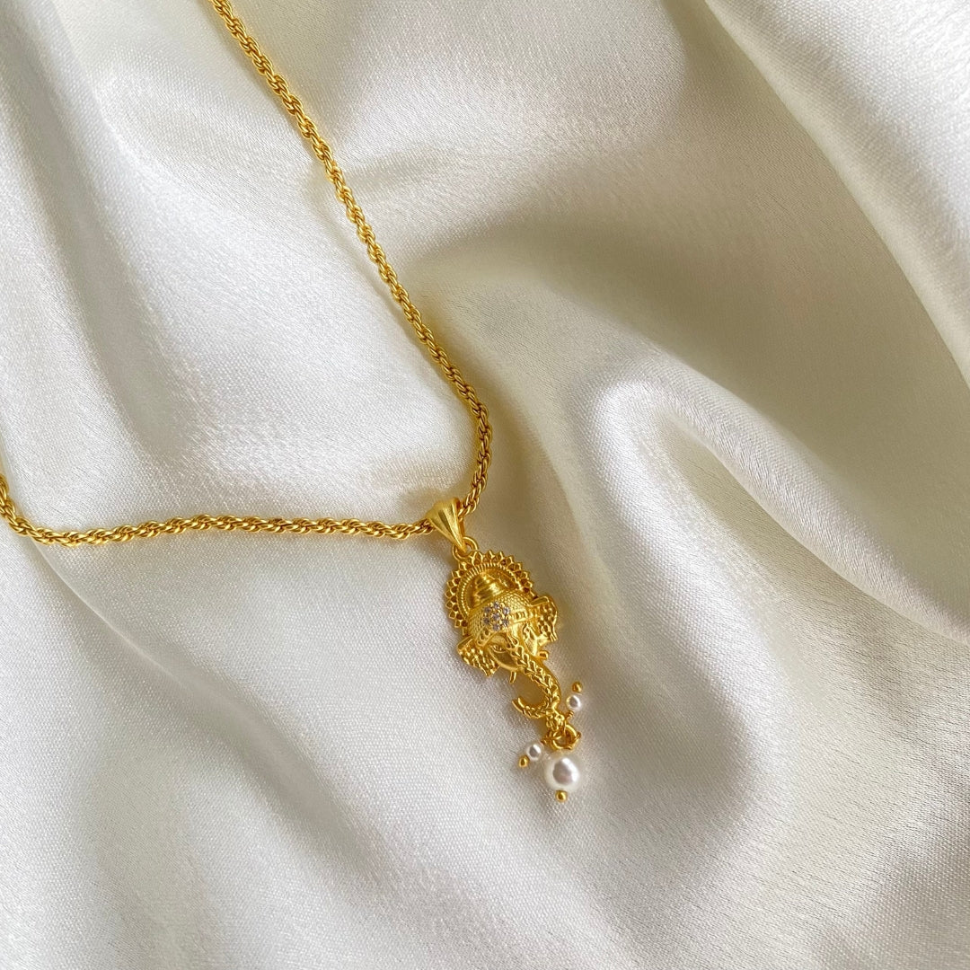 Divine Face Ganesh Pendant Necklace with Pearls and Cubic Zircons