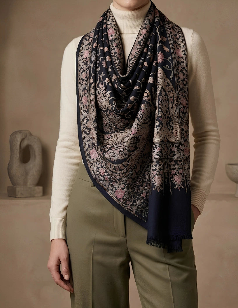 Darbaar Aari Embroidered Stole (Unisex) – Midnight Blue Floral Wool Silk