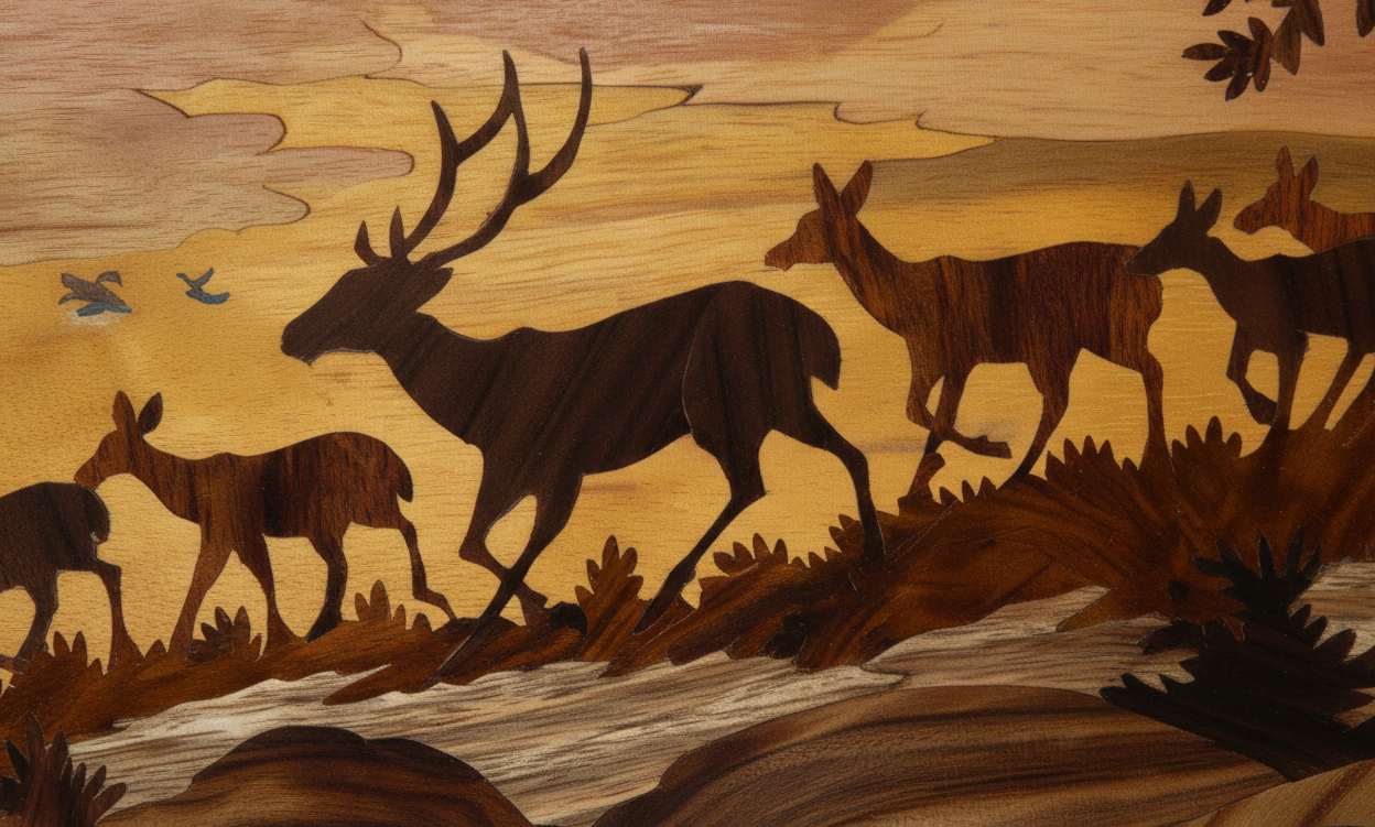 Close-up of Mysore rosewood inlay artwork showing detailed deer silhouettes, trees, and layered wood textures created through precision hand-inlay and carving techniques.