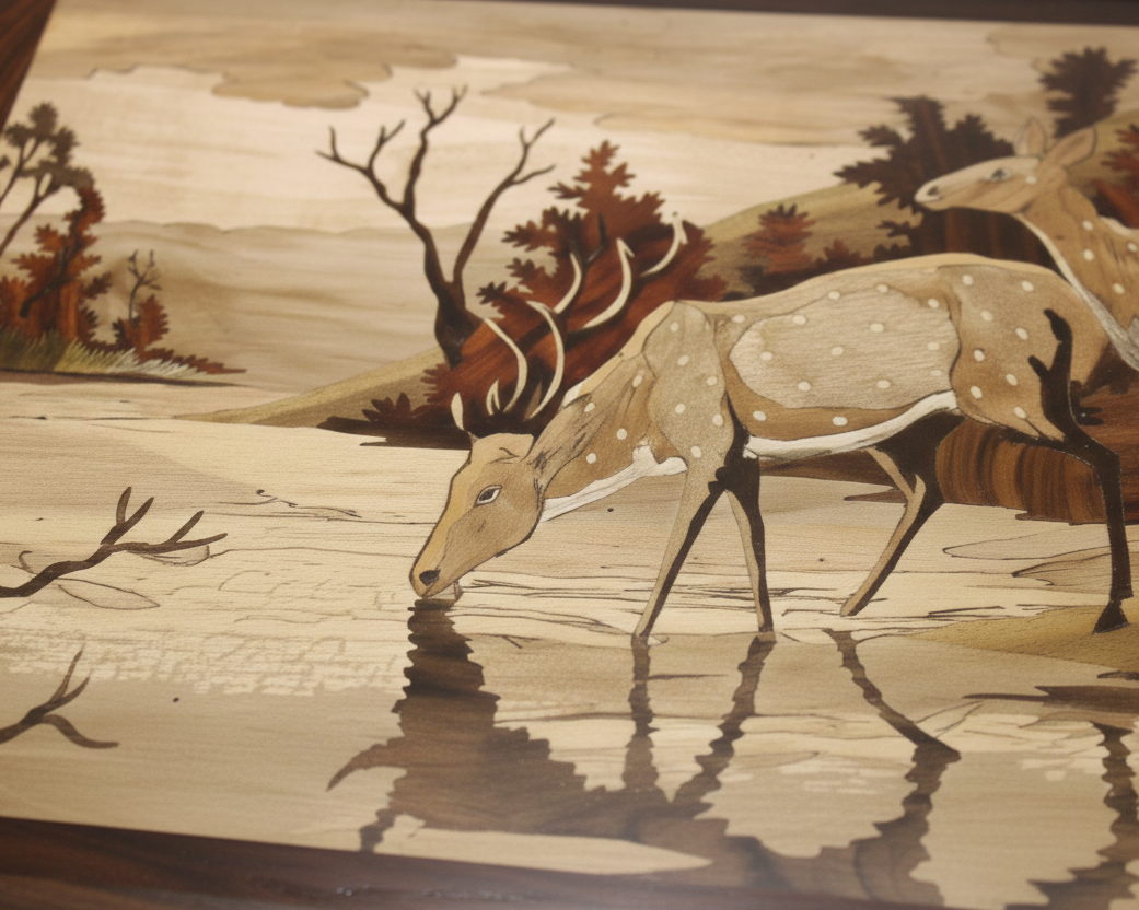 Close-up detail of Mysore rosewood inlay artwork highlighting the intricate deer figures, layered wood inlay materials, and fine hand-carved detailing in a traditional scenic composition.