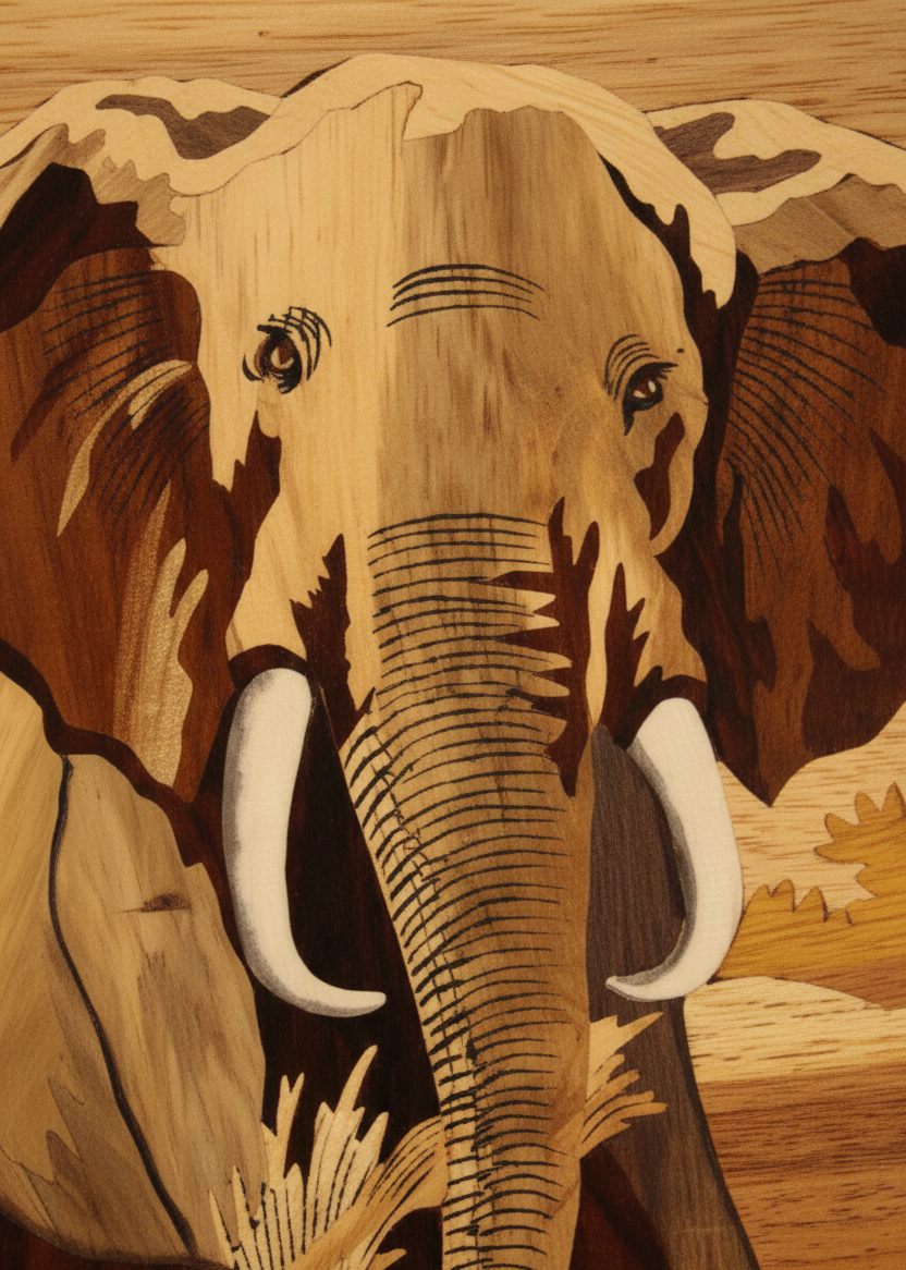 Close-up detail of Mysore rosewood inlay elephant artwork highlighting precision wood inlay, natural grain textures, layered woods, and traditional handcrafted detailing.