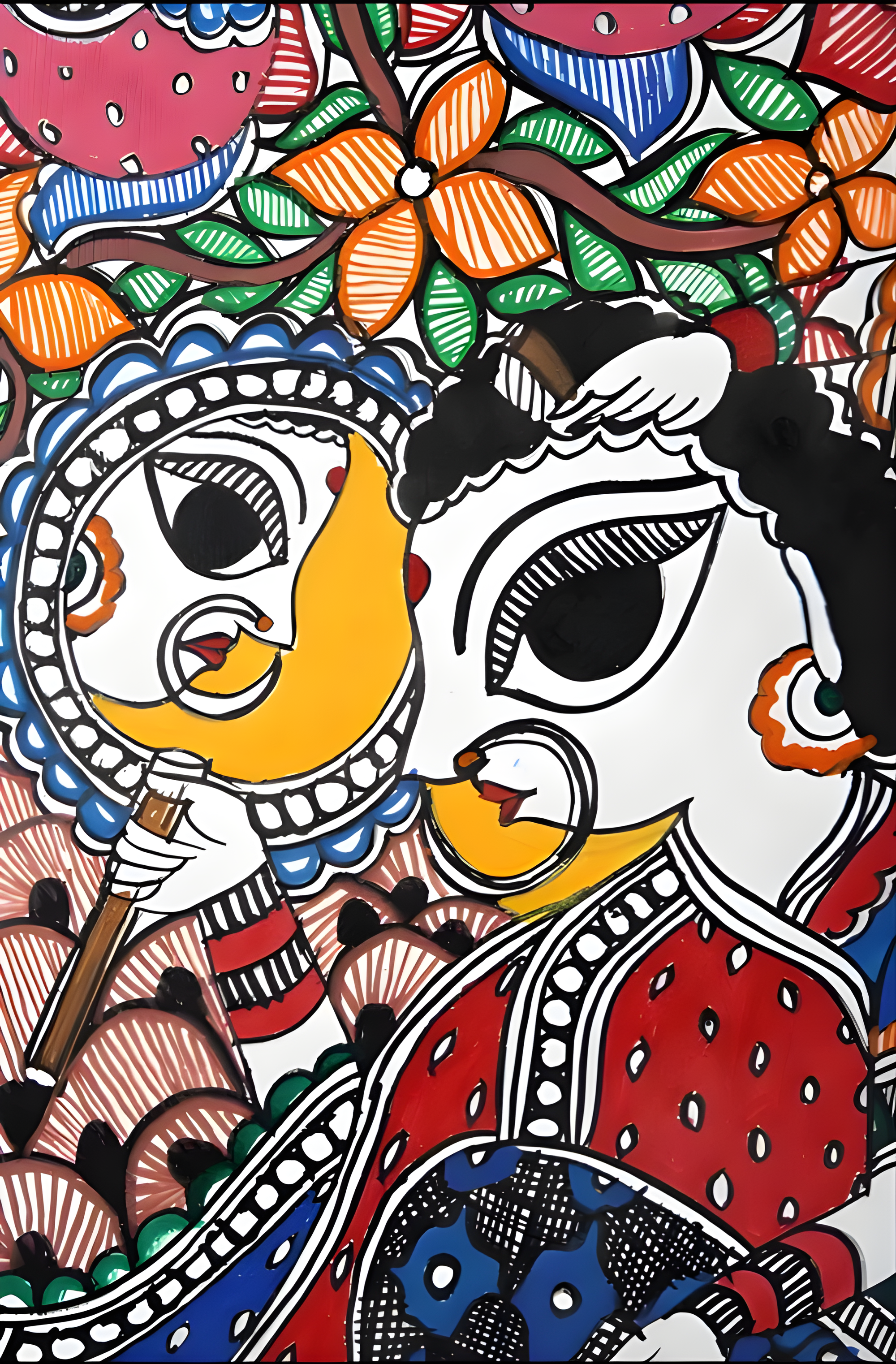 Divine Rasa: Krishna with Gopikas - Madhubani Painting