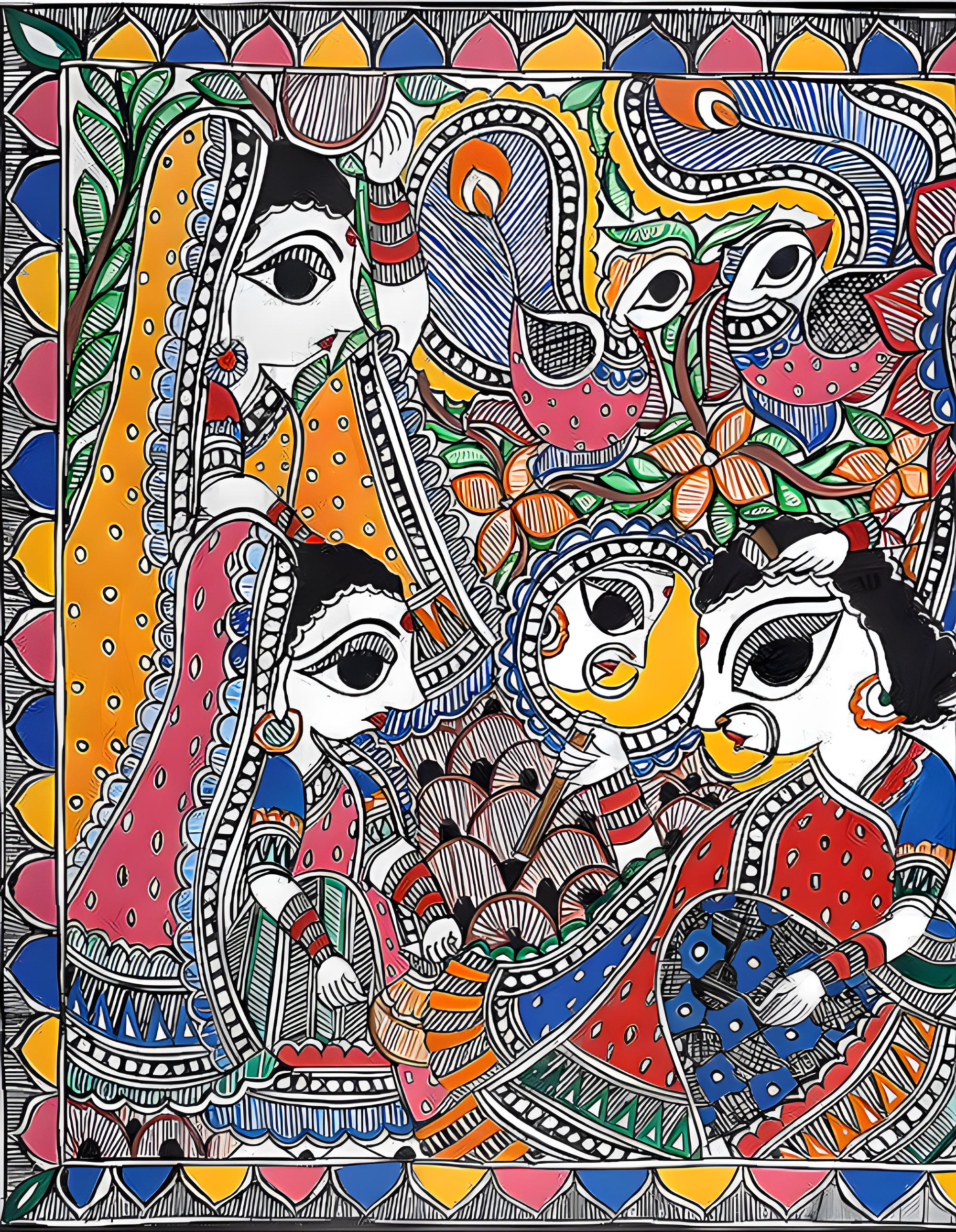 Divine Rasa: Krishna with Gopikas - Madhubani Painting