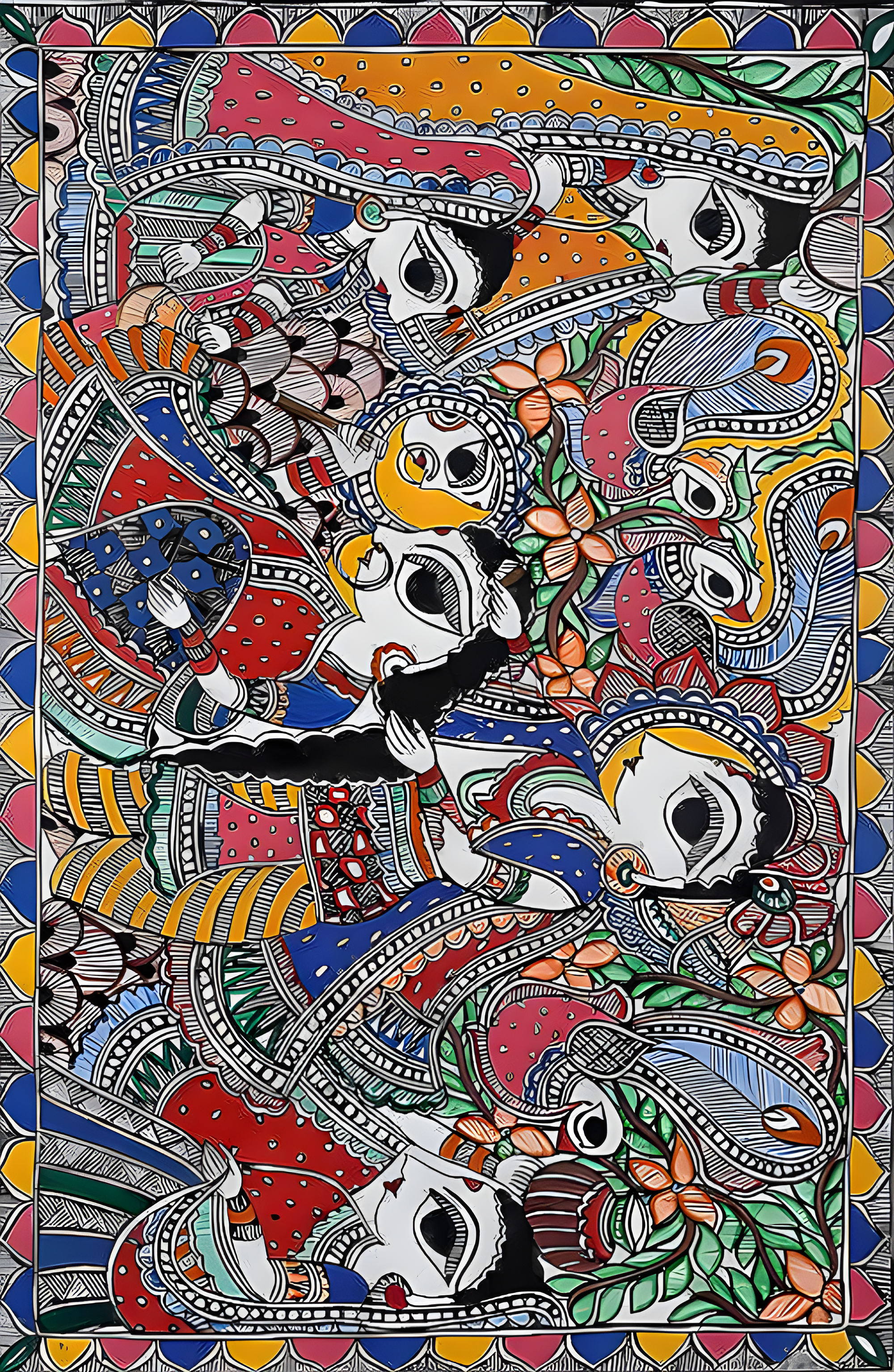 Divine Rasa: Krishna with Gopikas - Madhubani Painting