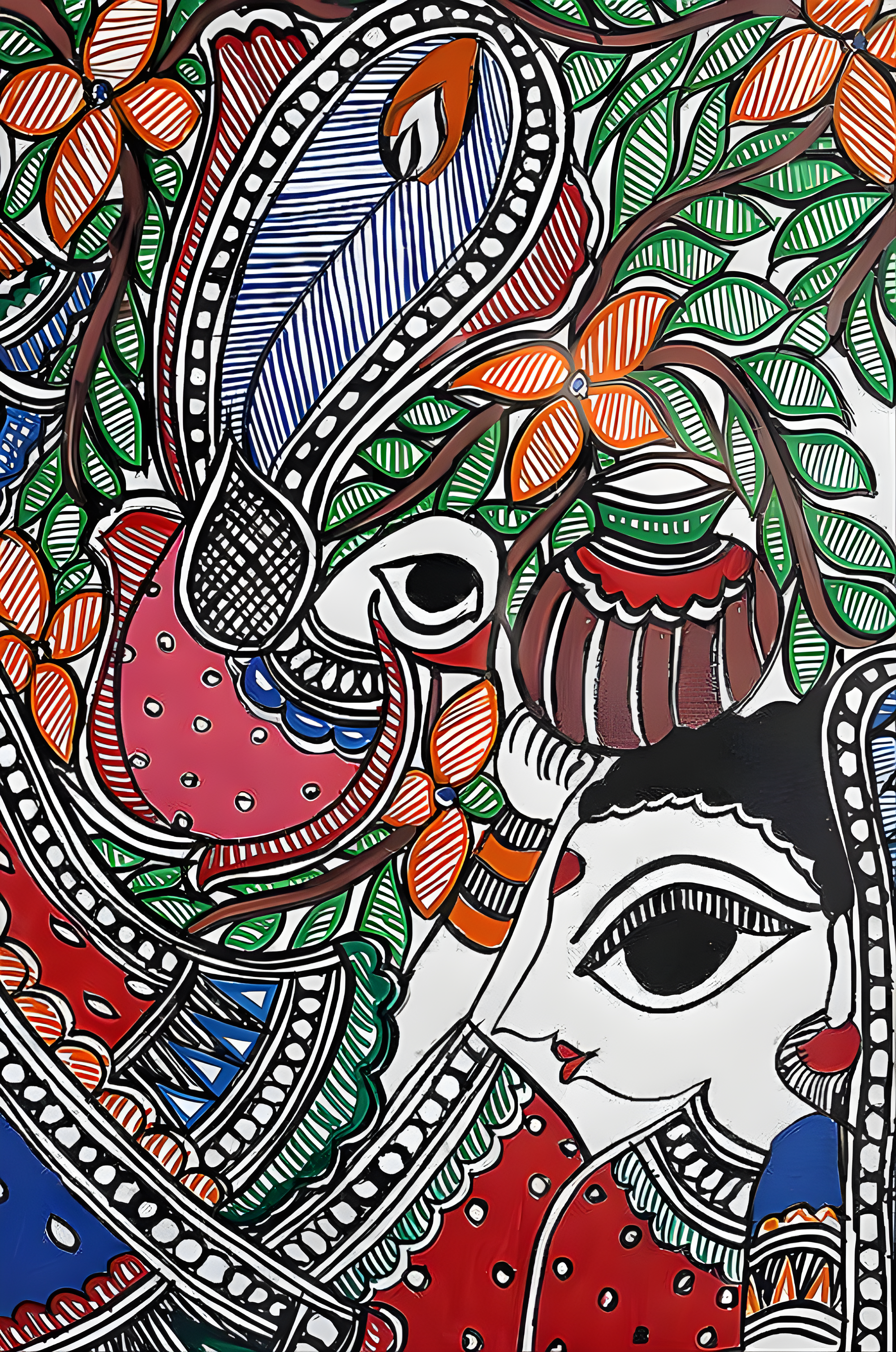Divine Rasa: Krishna with Gopikas - Madhubani Painting