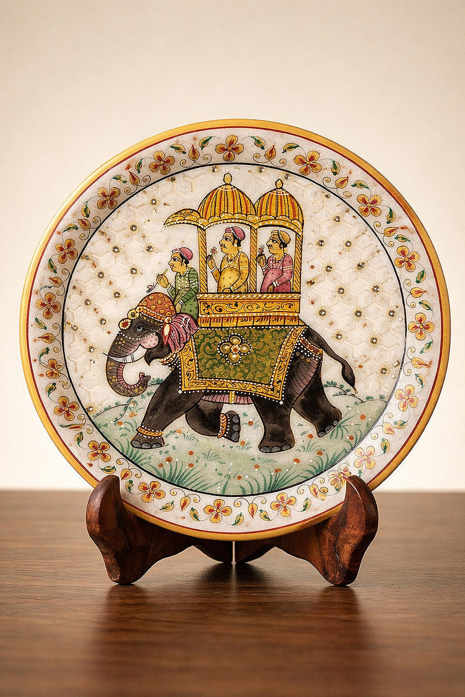 Royal Elephant Procession – Rajasthani Miniature Marble Plate