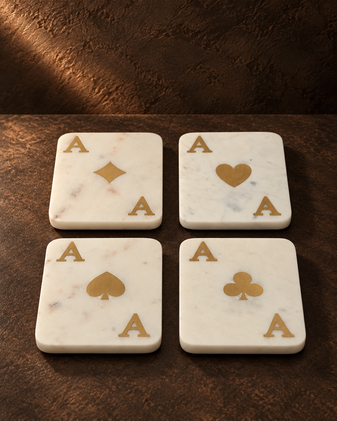 Banswara marble Ace coasters with polished brass inlay styled on a table