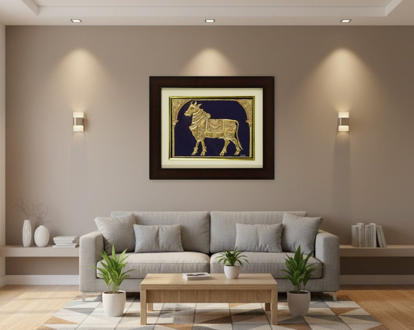 Golden Cow Mysore Painting (22KT Gold Leaf) displayed in a warm living room mockup, preserving original dimensions 30×25 cm, hand-painted with fine details and rich textures, serving as a focal piece in Indian traditional décor.