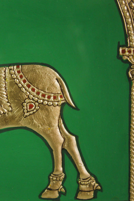 Close-up of Golden Deer Mysore Painting highlighting fine brushwork, 22KT gold leaf embellishments, detailed textures, and Gesso relief. Hand-painted classical Mysore artwork capturing the grace and auspicious symbolism of the golden deer.