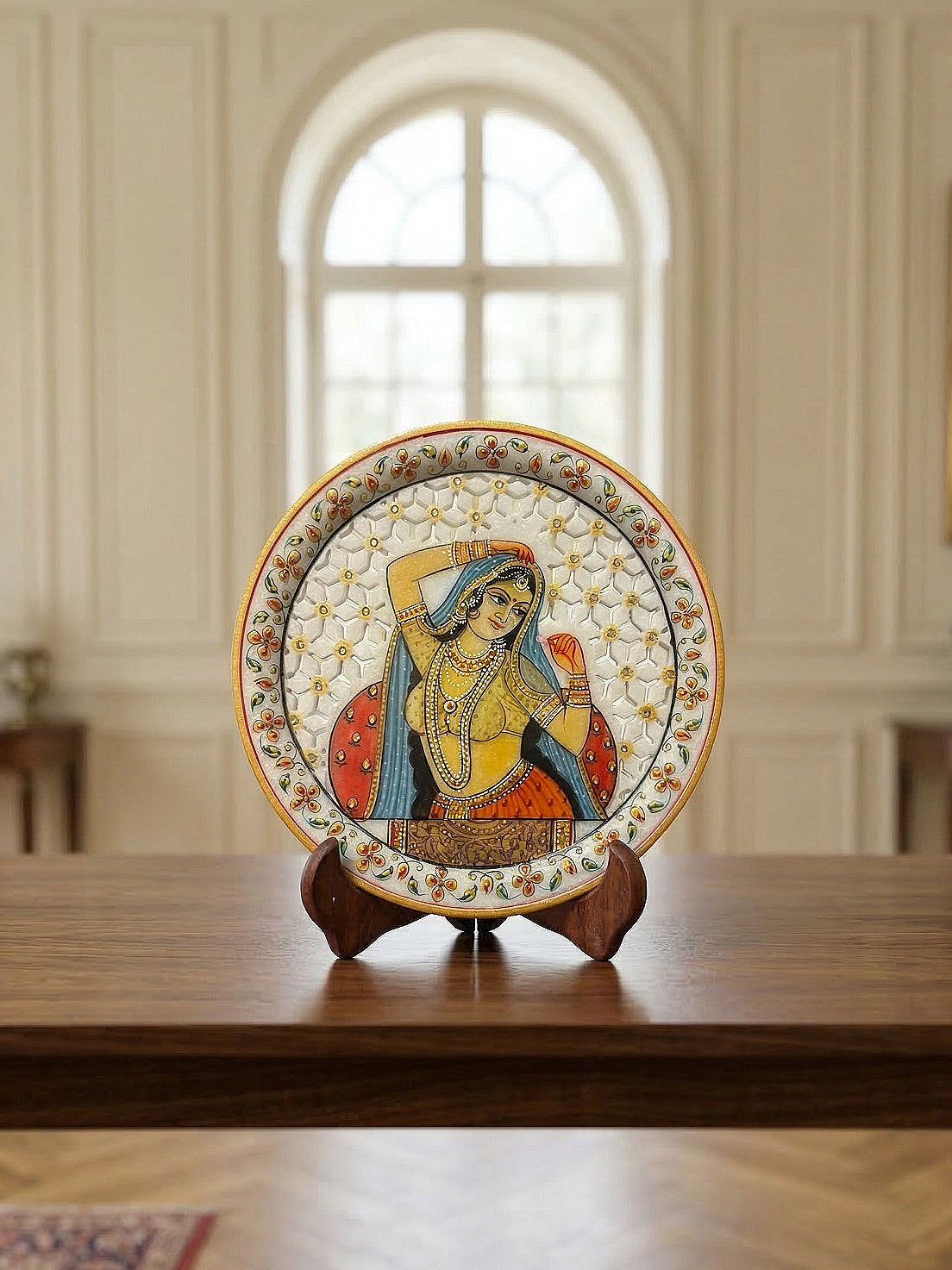 Grace of the Rajput Court – Rajasthani Miniature Marble Plate
