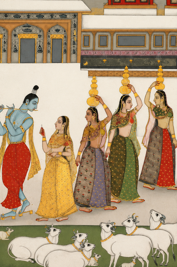 'Gujari Ragini — Krishna with Gopis Playing the Flute' Canvas Cloth Print, c.1750
