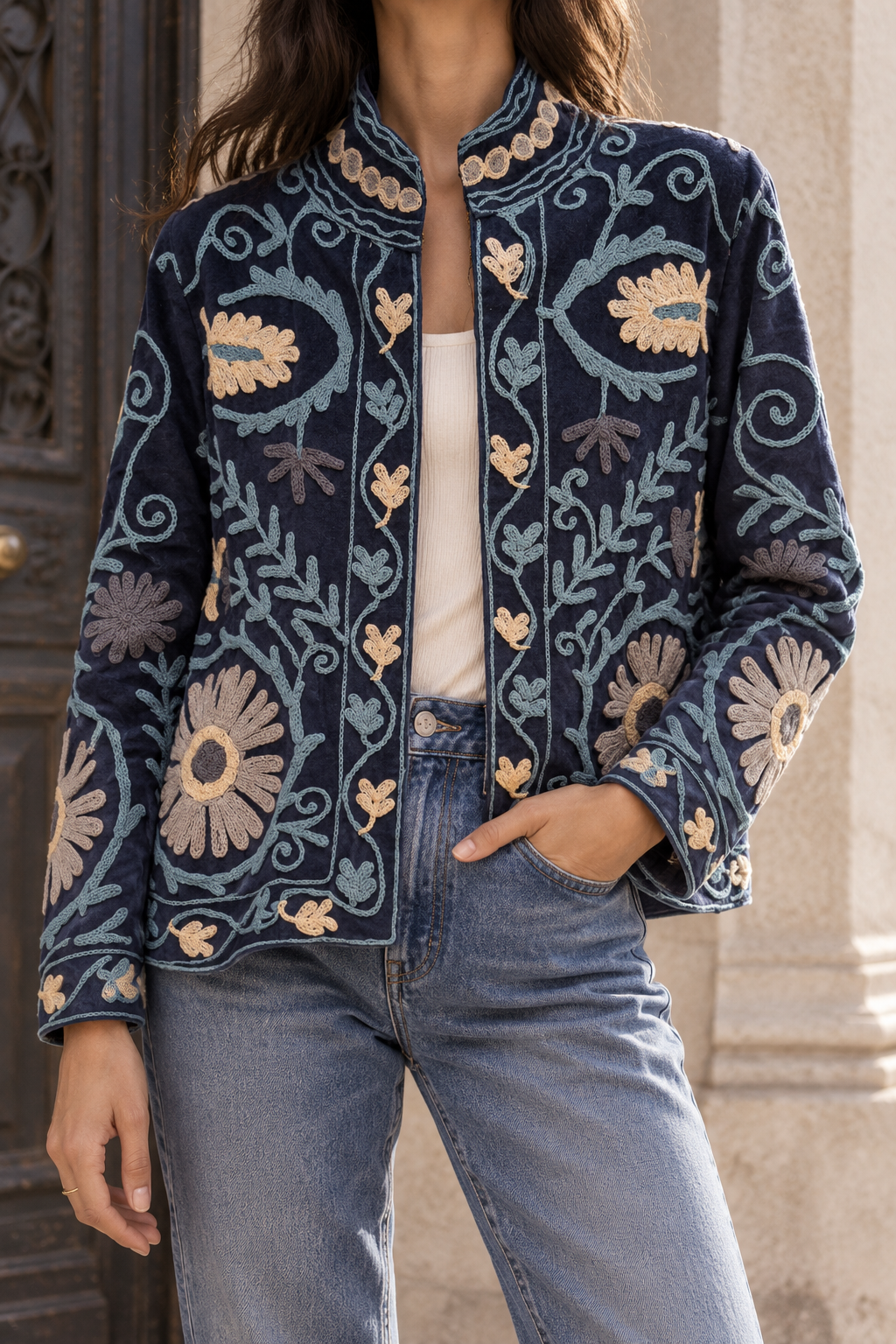 Gulnaar Jacket (Unisex) – Navy Floral Embroidered Jacket
