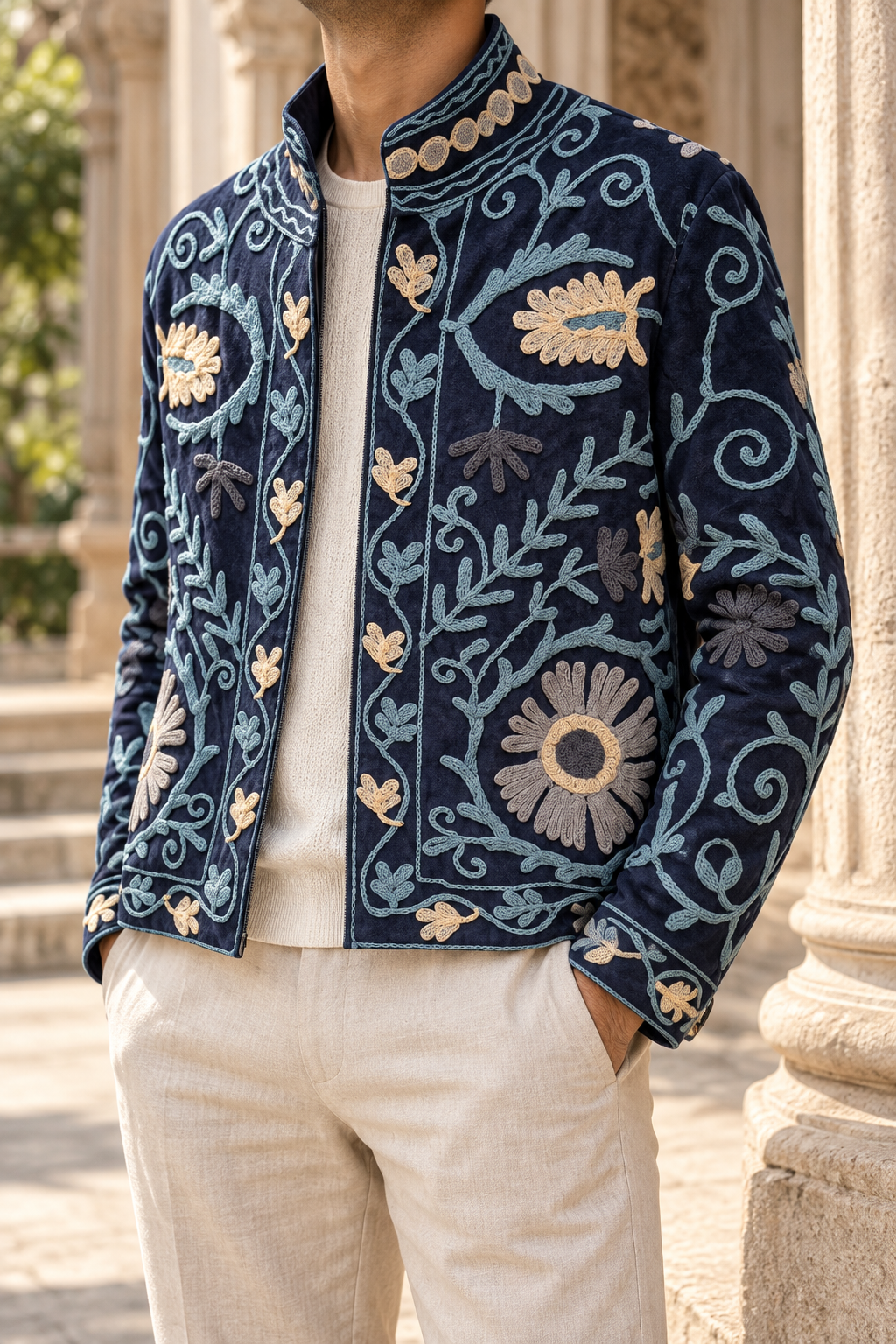 Gulnaar Jacket (Unisex) – Navy Floral Embroidered Jacket