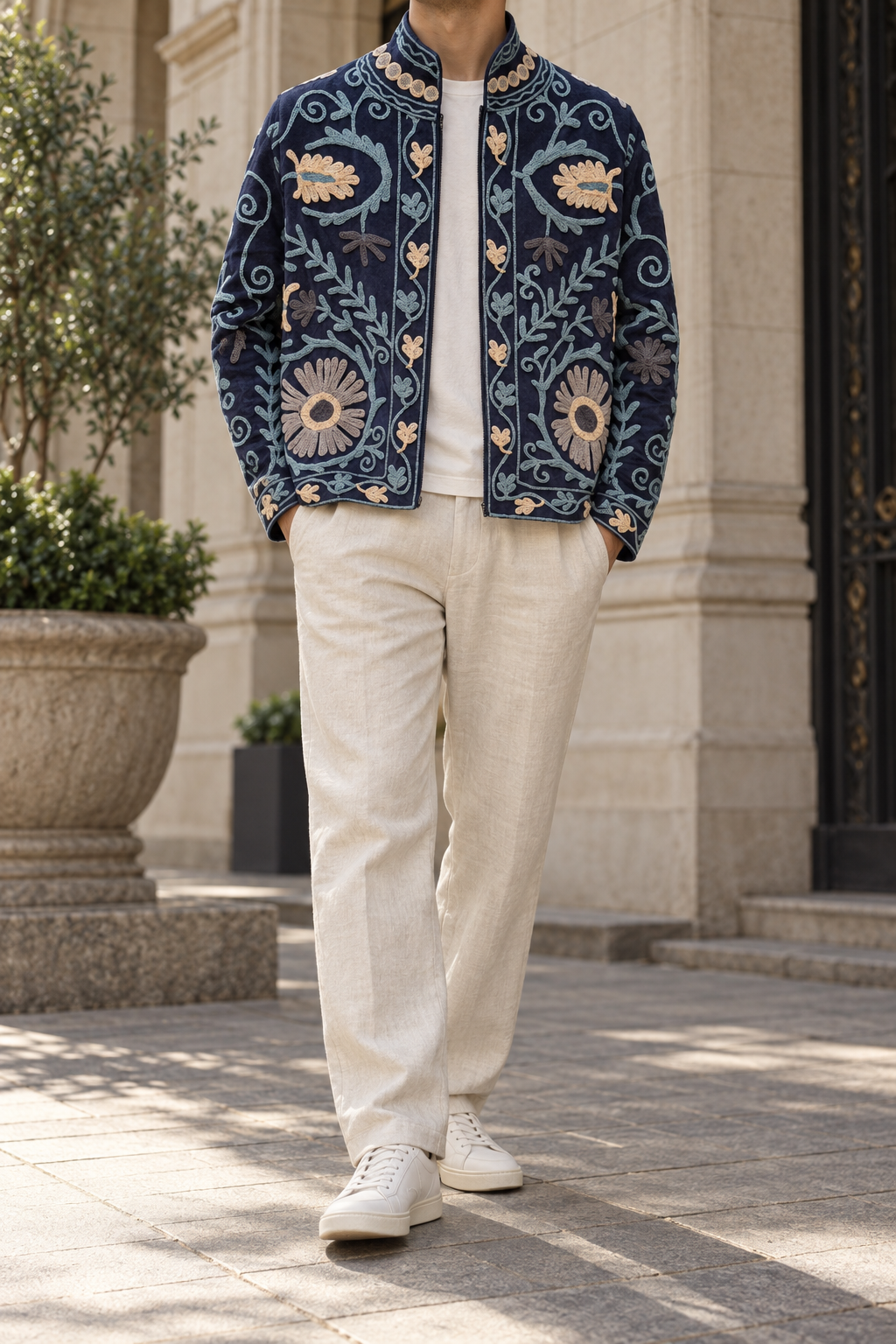 Gulnaar Jacket (Unisex) – Navy Floral Embroidered Jacket