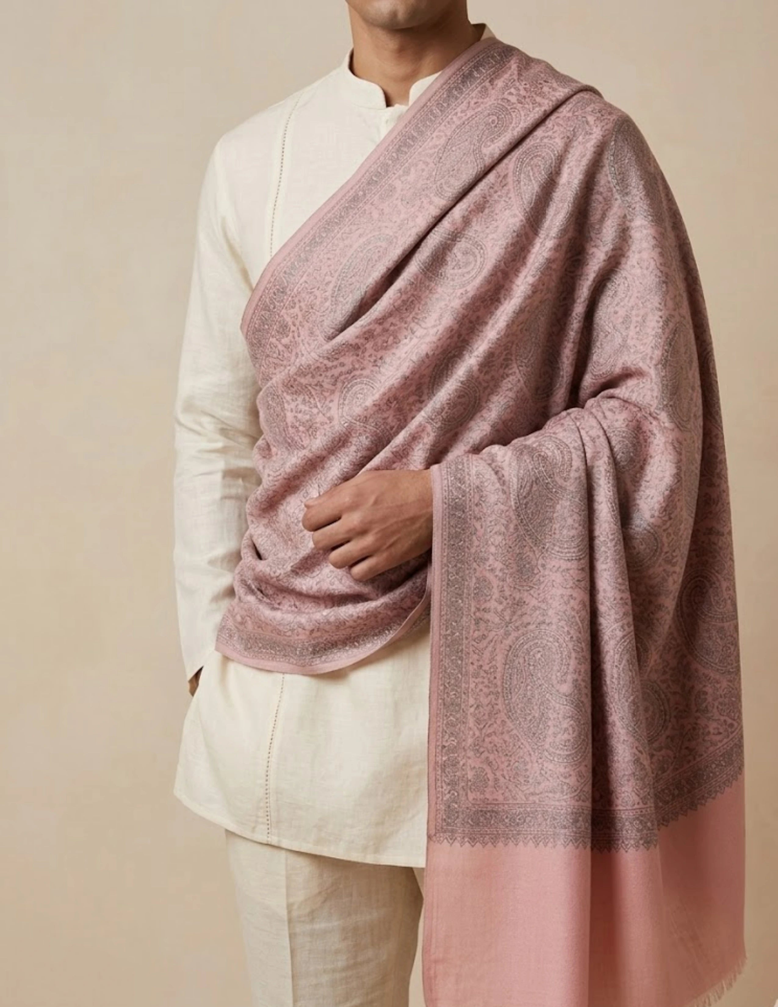 Gulrukh Sozni Embroidered Stole (Unisex) – Blush Paisley Wool Silk