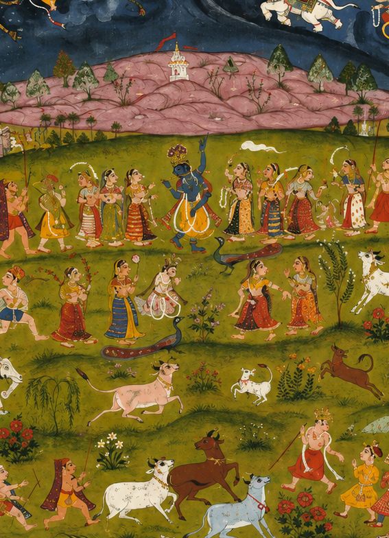 'Krishna Lifting Mount Govardhan' Canvas Cloth Print, c.1700