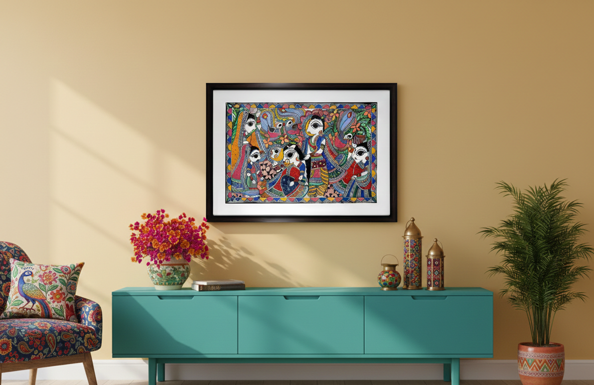 Divine Rasa: Krishna with Gopikas - Madhubani Painting