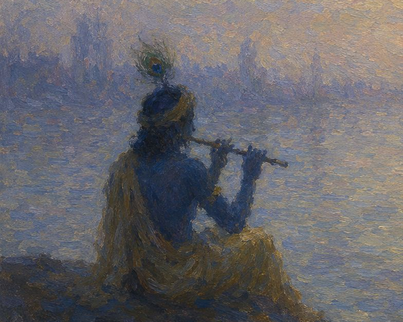 Krishna at Dawn: A Symphony of Light and Devotion Print