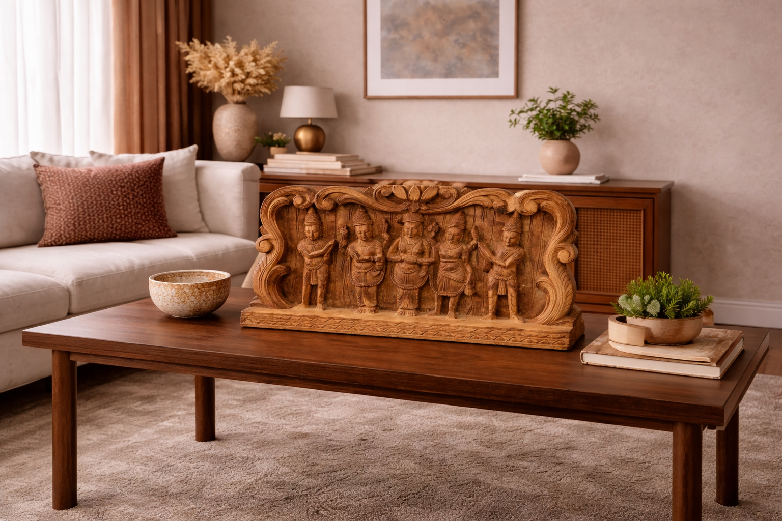 Hand-carved wooden Hindu relief panel measuring 30 cm x 60 cm x 5 cm displayed on a coffee table in a spacious, modern living room with neutral décor and warm lighting.