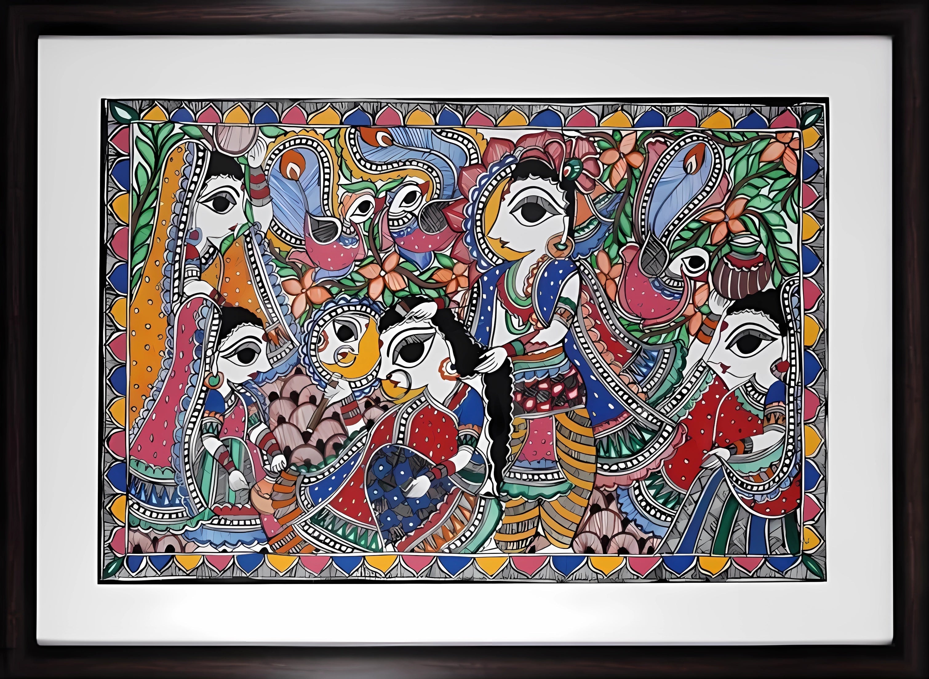 Divine Rasa: Krishna with Gopikas - Madhubani Painting