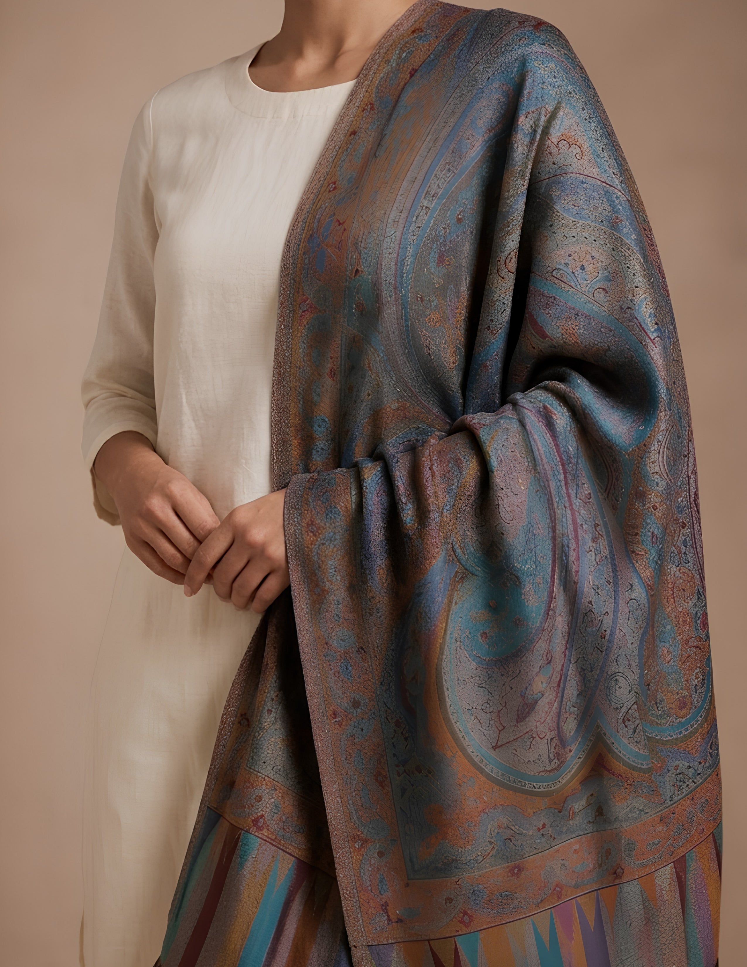 Mehrab Jamawar Kashmiri Stole (Unisex) – Taupe Paisley Micro Modal